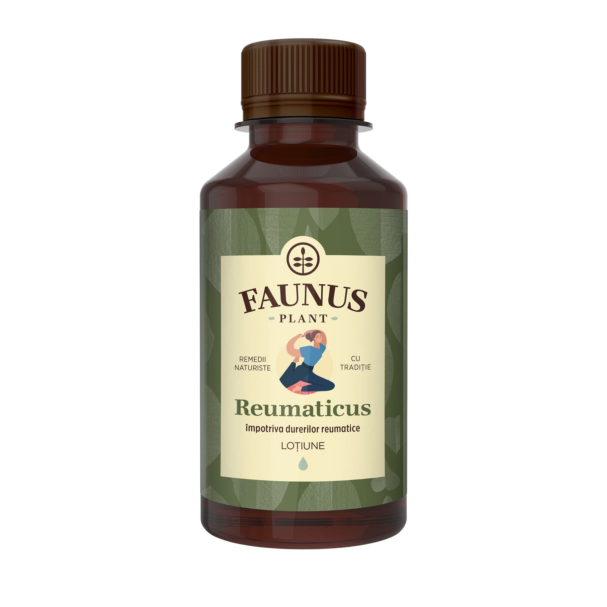 Loțiune Reumaticus de la Faunus Plant, 200 ml, flacon maro cu capac închis la culoare. Eticheta include informații despre efectele antiinflamatoare și analgezice, într-un design simplu, verde, și sigla Faunus Plant.