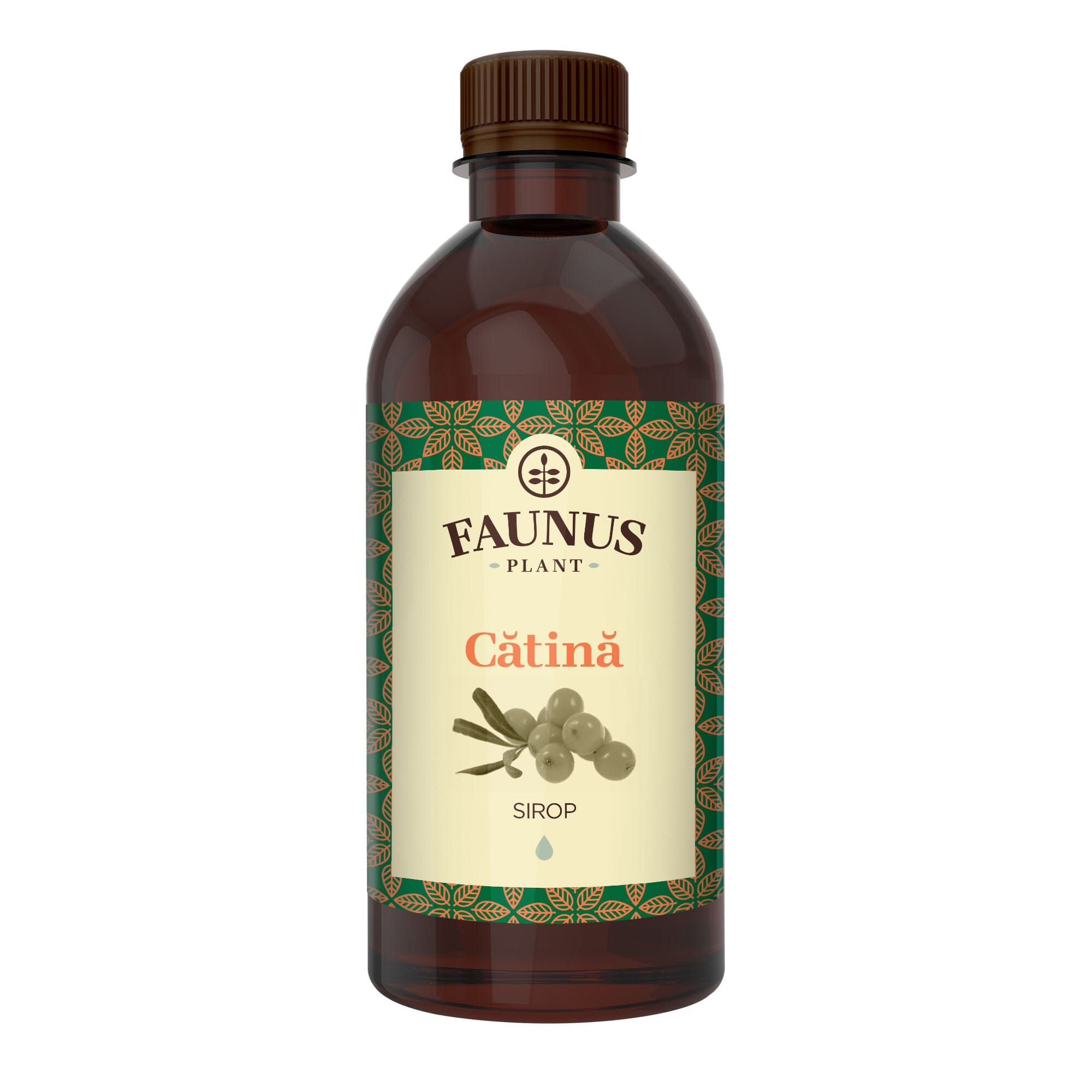 Flacon Sirop Cătină 500 ml de la Faunus Plant din față pe fundal alb.
