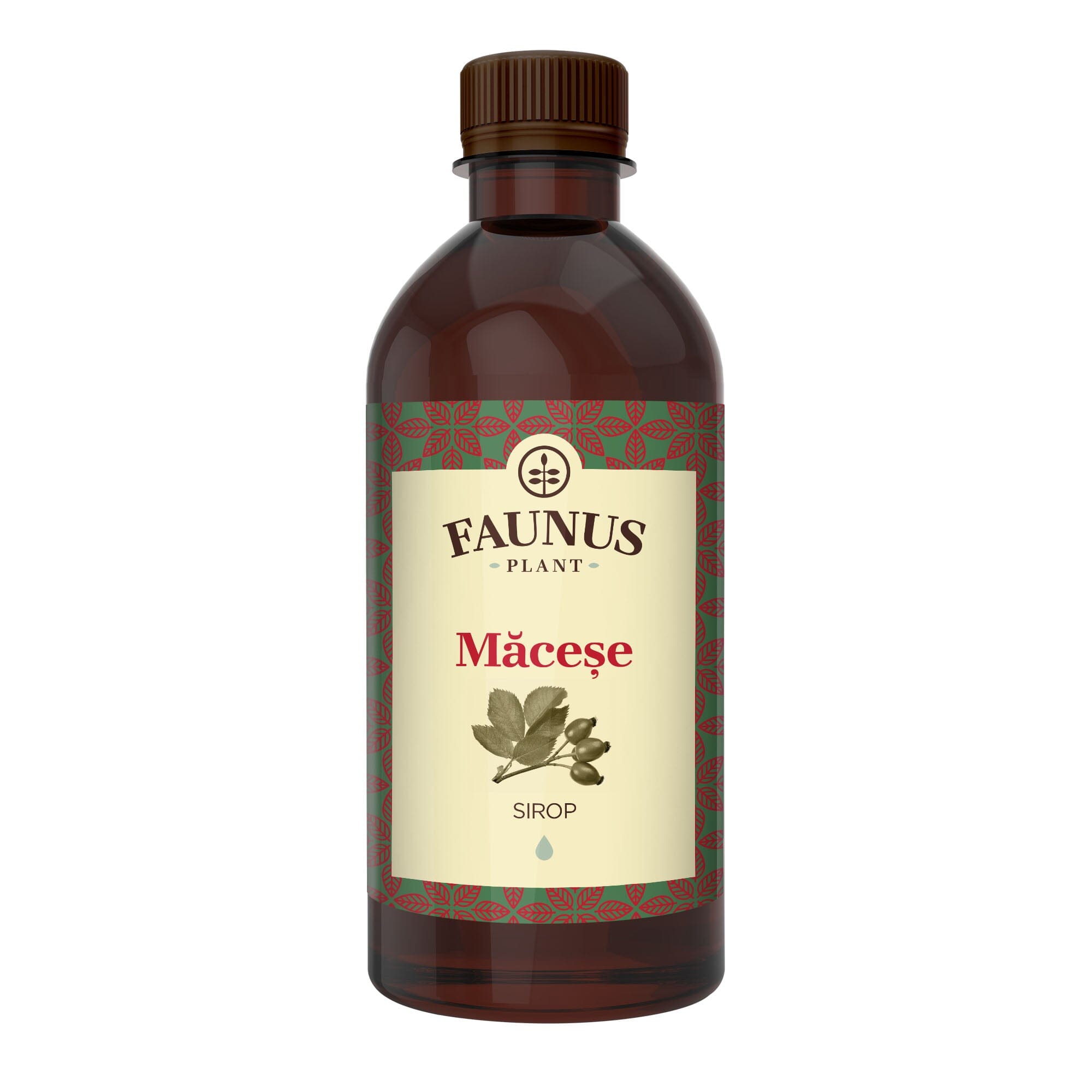 Sirop Măceșe de 500 ml de la Faunus Plant pozat din față pe fundal alb.
