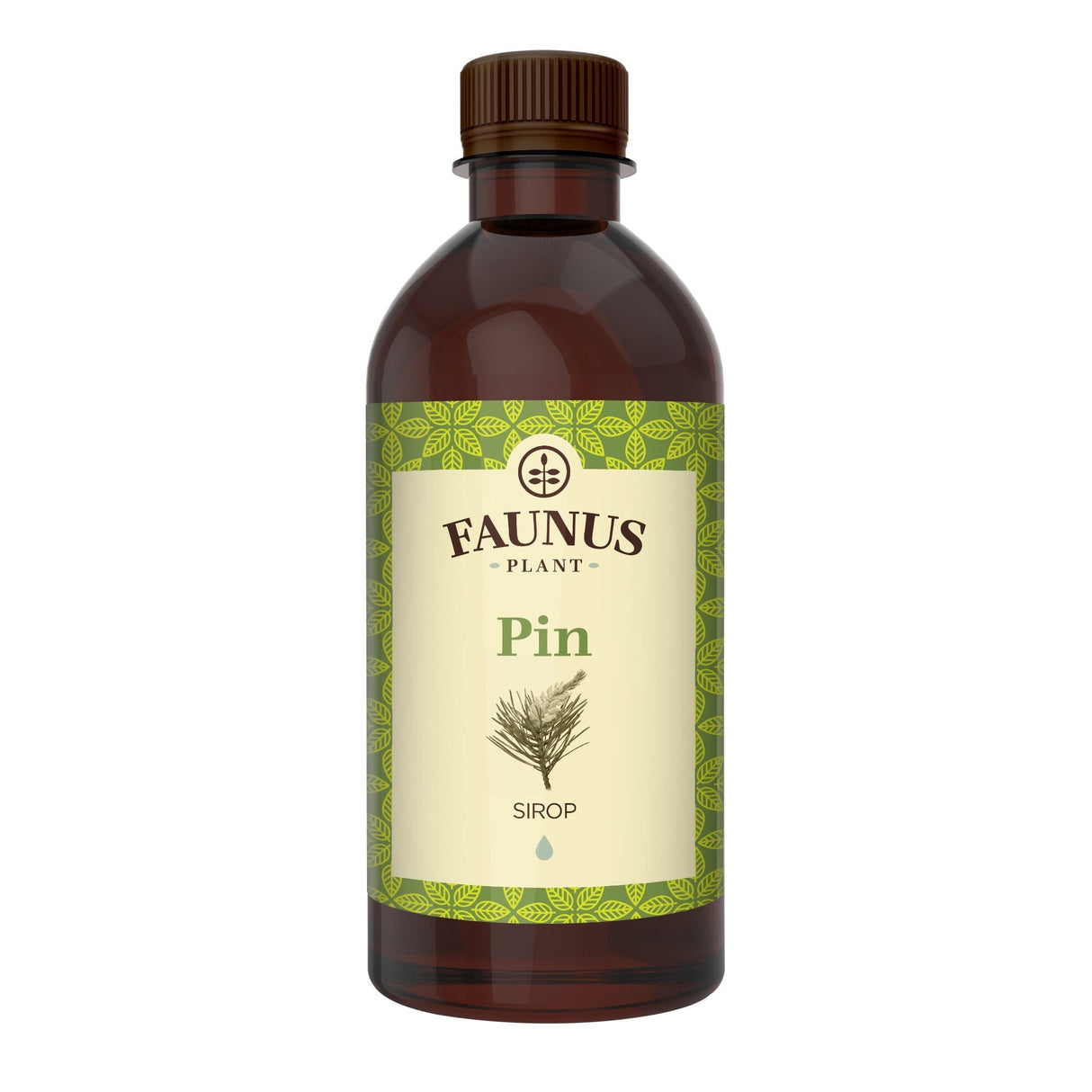 Sirop de Pin de 500 ml de la Faunus Plant pozat din față pe fundal alb.