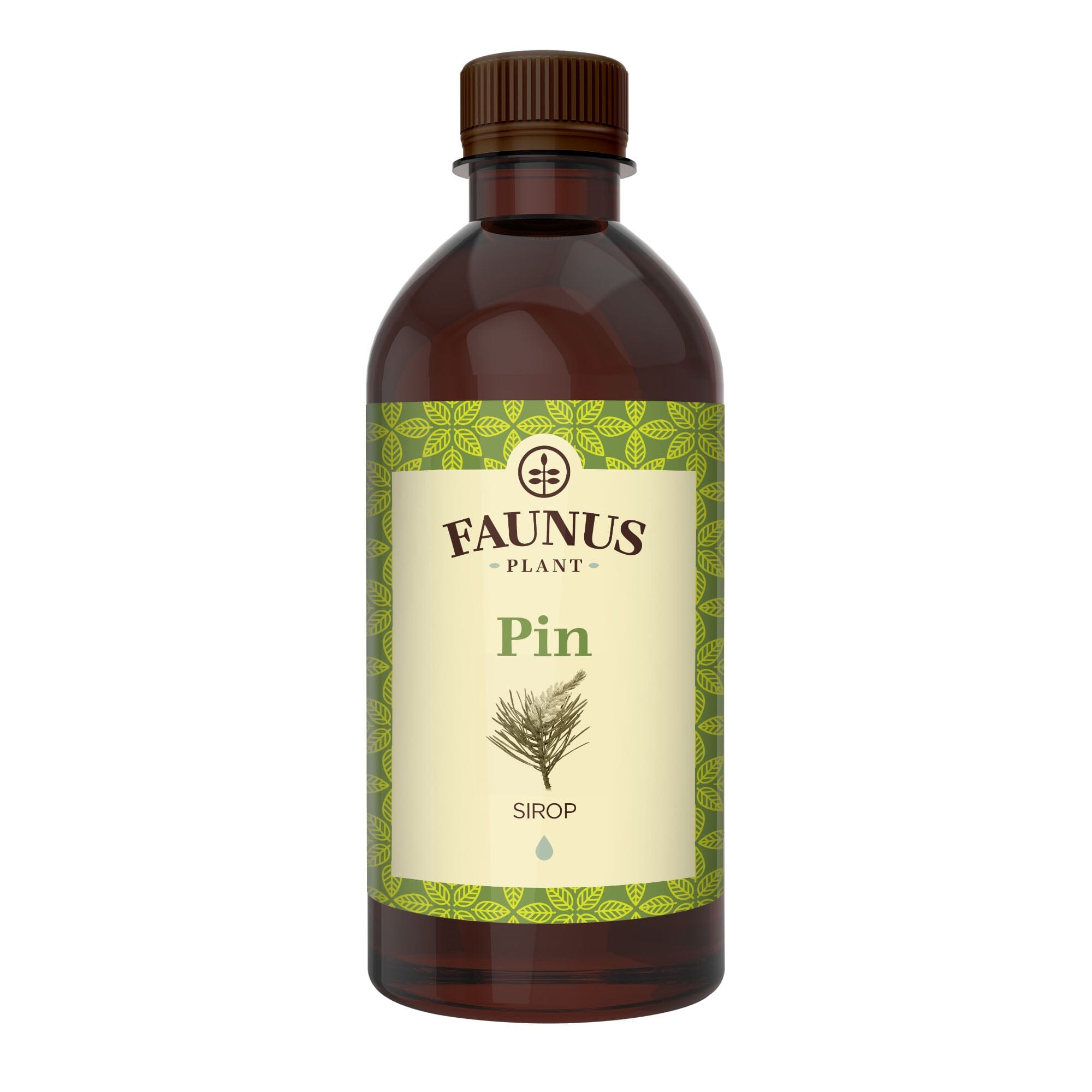 Sirop de Pin de 500 ml de la Faunus Plant pozat din față pe fundal alb.