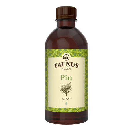 Sirop de Pin de 500 ml de la Faunus Plant pozat din față pe fundal alb.