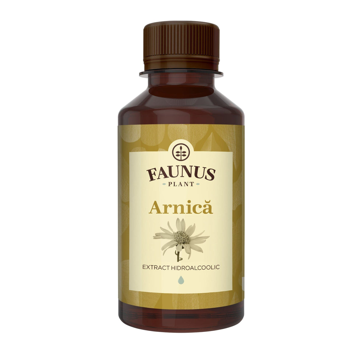 Flacon Tinctură Arnica 200 ml de la Faunus Plant pozat din față pe fundal alb