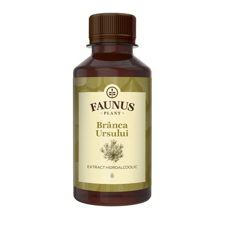 Flaconul de Tinctură Branca Ursului 200 ml de la Faunus Plant, cu extract hidroalcoolic. Etichetă în nuanțe de verde și maro, evidențiind produsul ca fiind natural și fabricat cu respect pentru tradiție.