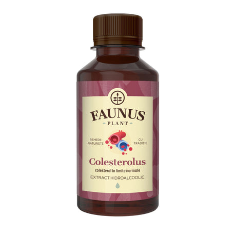 Flacon Tinctură Colesterolus 200 ml de la Faunus Plant pozat din față pe fundal alb