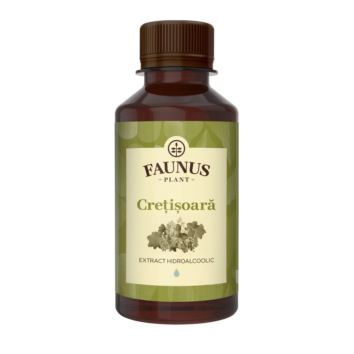 Flacon Tinctură Crețișoara 200 ml de la Faunus Plant pozat din față pe fundal alb