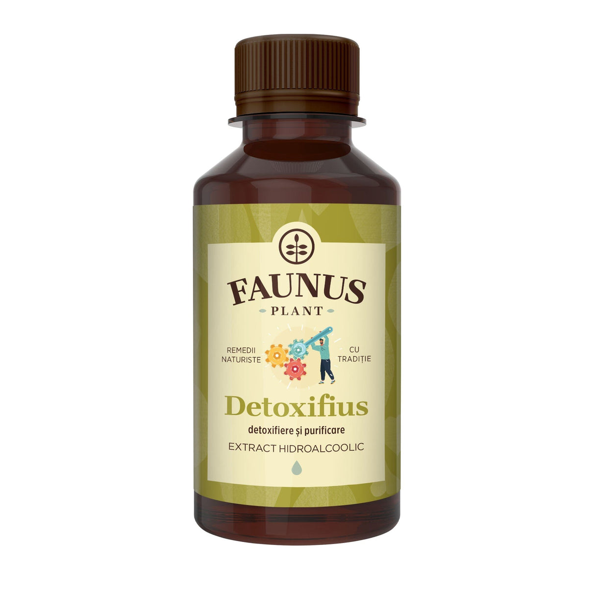 Flacon Tinctură Detoxifius 200 ml de la Faunus Plant pozat din față pe fundal alb
