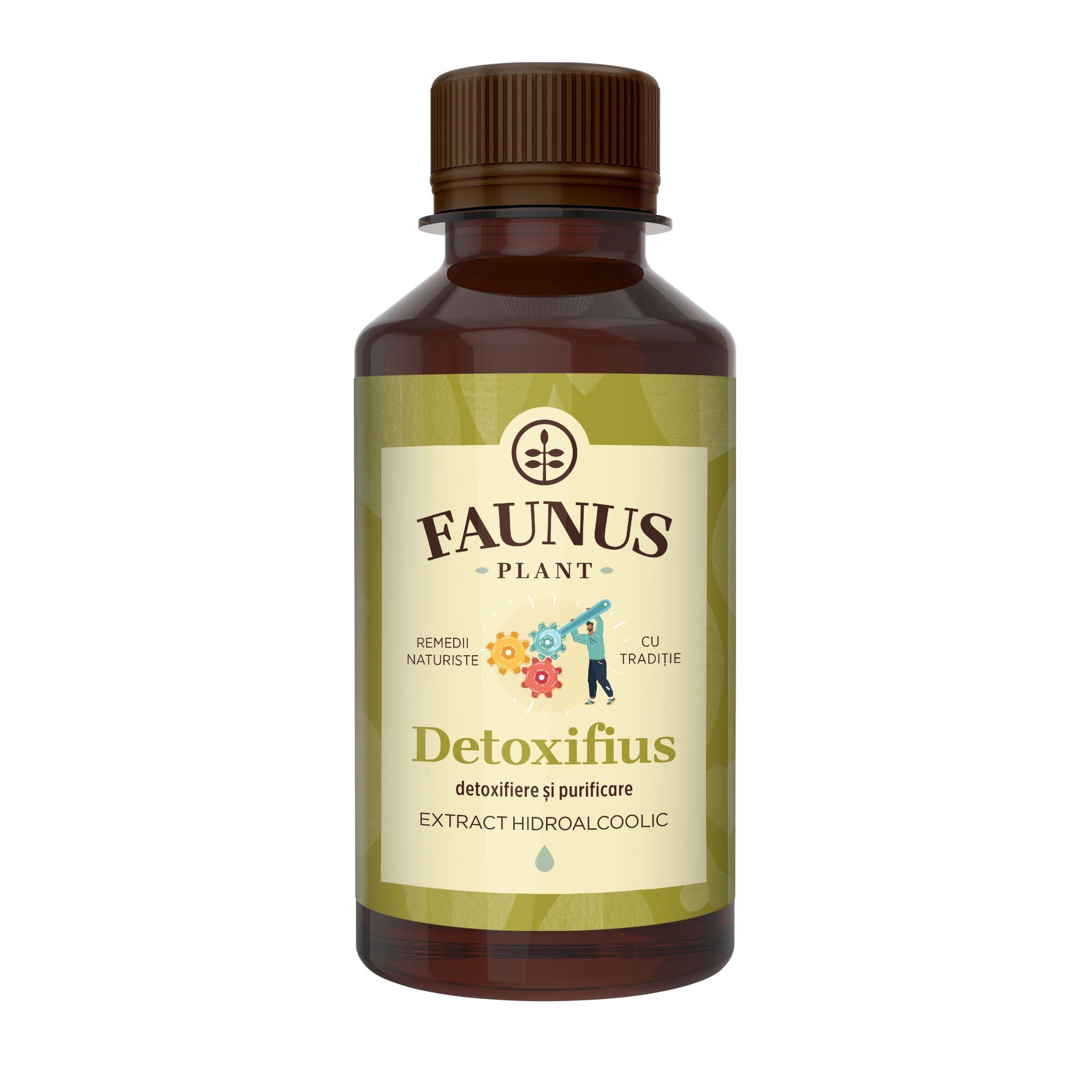 Flacon Tinctură Detoxifius 200 ml de la Faunus Plant pozat din față pe fundal alb