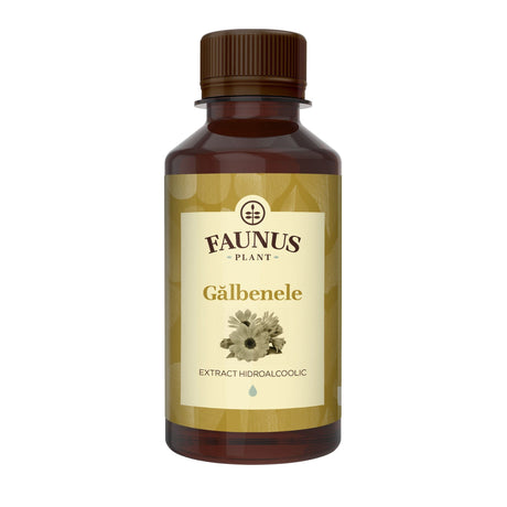 Flacon Tinctură Gălbenele 200 ml de la Faunus Plant pozat din față pe fundal alb