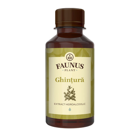 Flacon Tinctură Ghințura 200 ml de la Faunus Plant pozat din față pe fundal alb