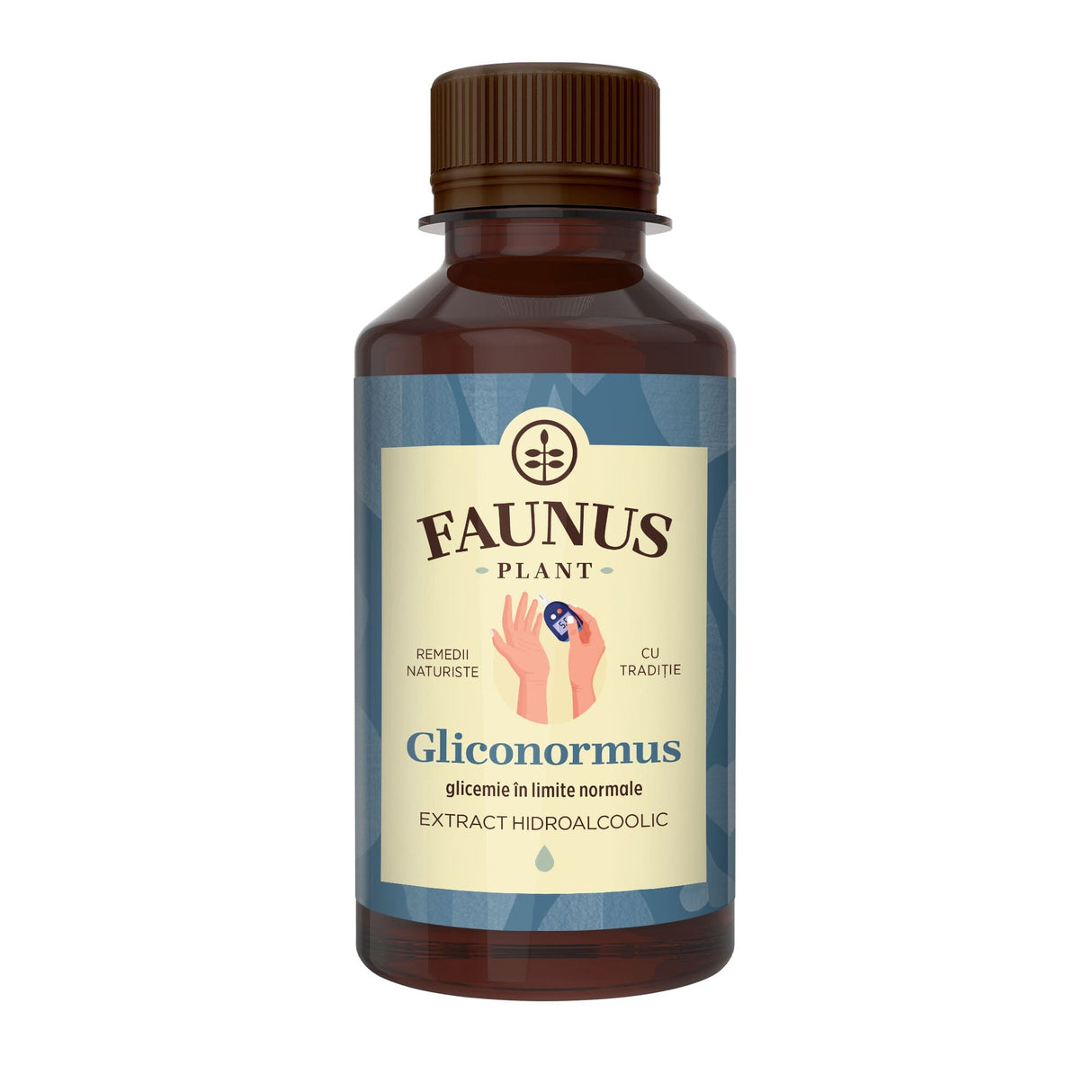 Flacon Tinctură Gliconormus 200 ml de la Faunus Plant pozat din față pe fundal alb