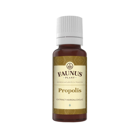 Flacon Tinctură Propolis 20 ml de la Faunus Plant pozat din față pe fundal alb