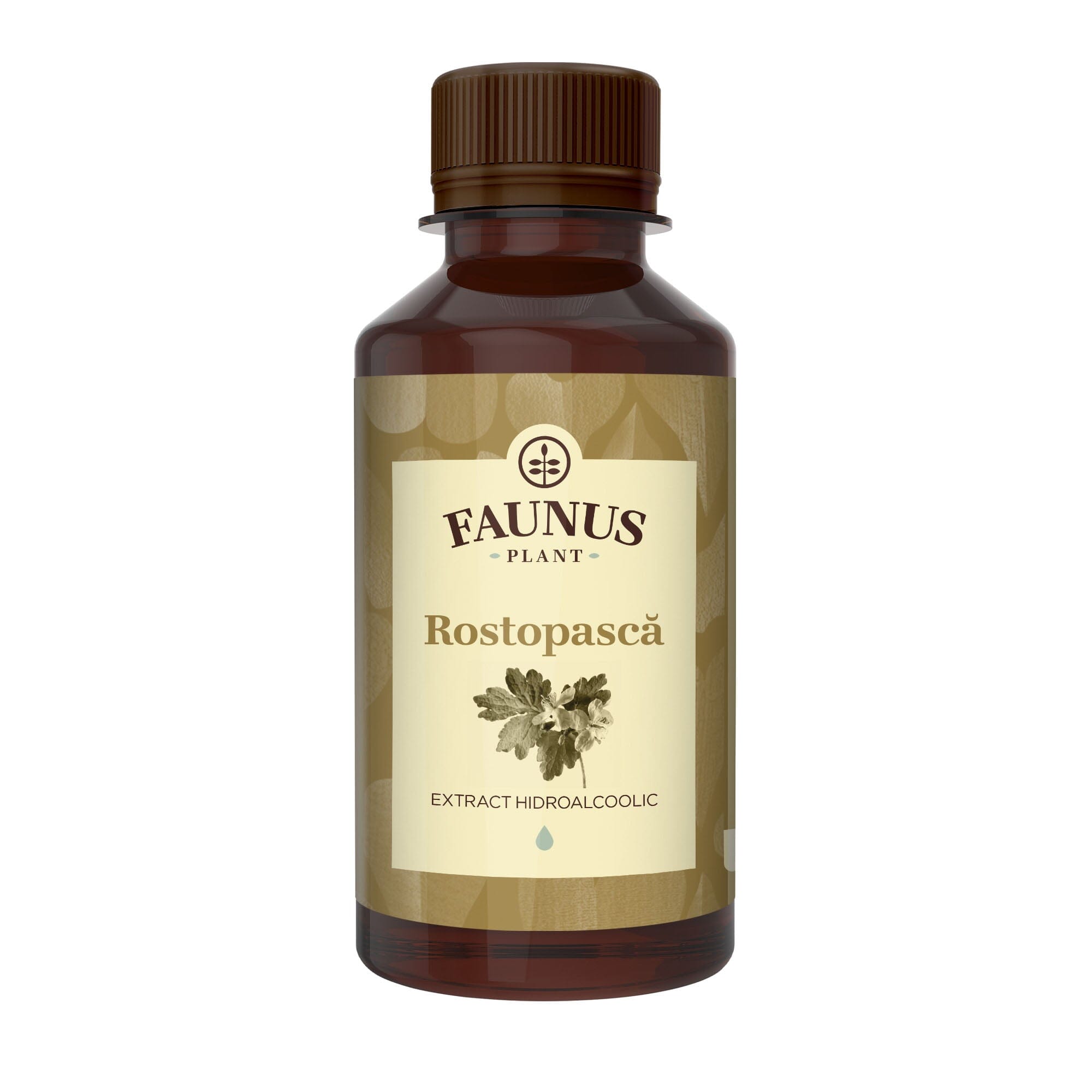 Flacon Tinctură Rostopască 200 ml de la Faunus Plant pozat din față pe fundal alb.