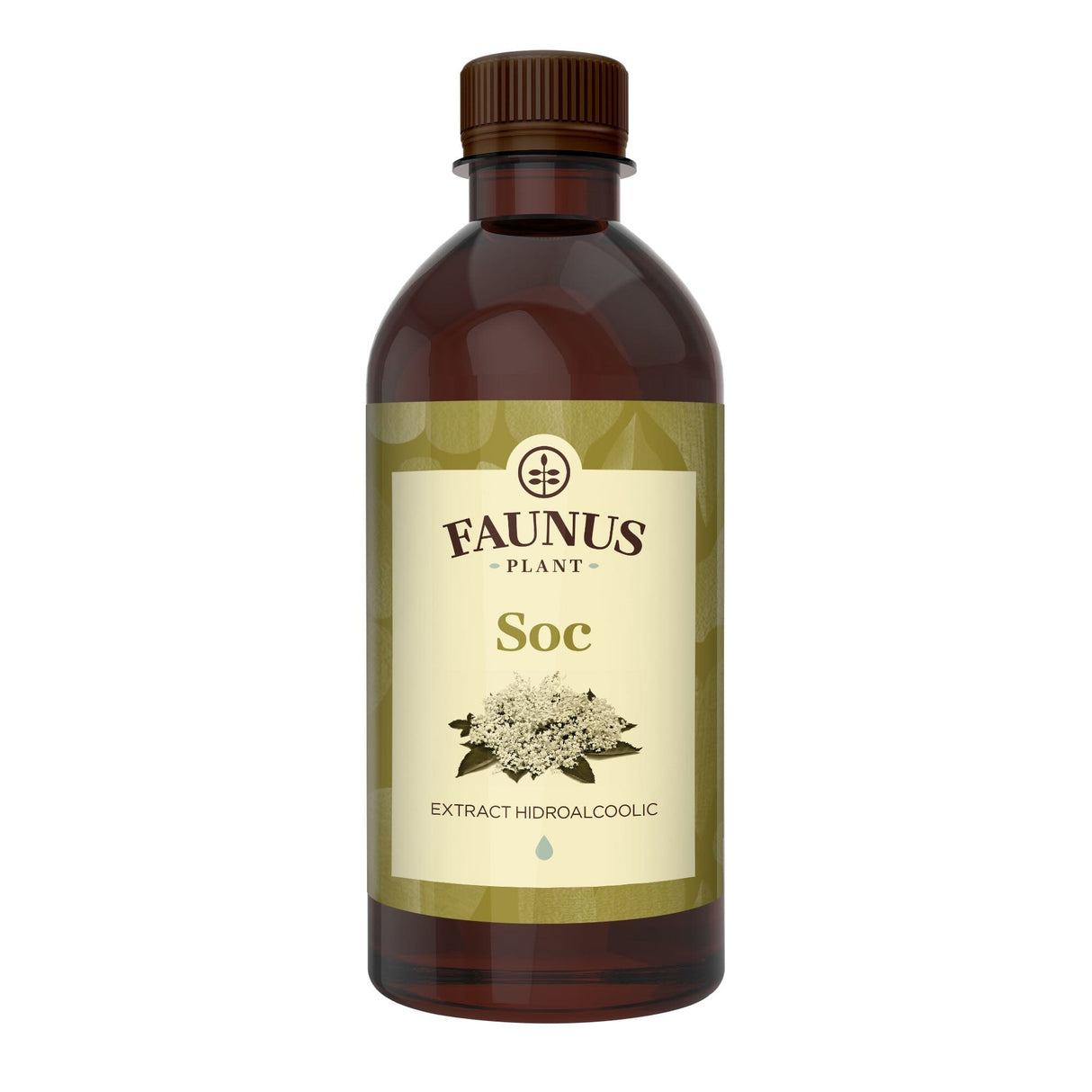 Flaconul tincturii Soc de 500 ml, de culoare verde, cu eticheta frontală vizibilă, având logo, denumire și un element grafic reprezentativ.