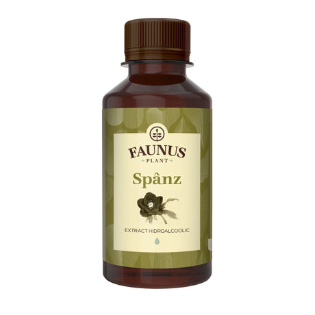 Flaconul tincturii Spânz de 200 ml, de culoare verde, cu eticheta frontală vizibilă, având logo, denumire și un element grafic reprezentativ.