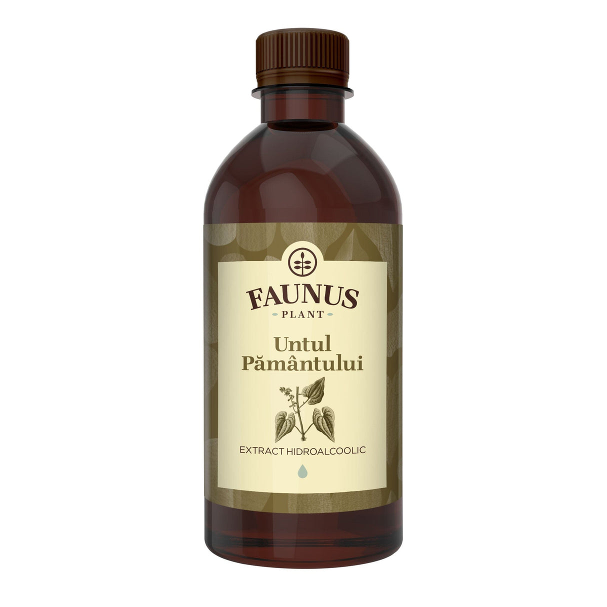 Flaconul tincturii Untul Pământului de 500 ml, de culoare maro, cu eticheta frontală vizibilă, având logo, denumire și un element grafic reprezentativ. | Cantitate - 500ml