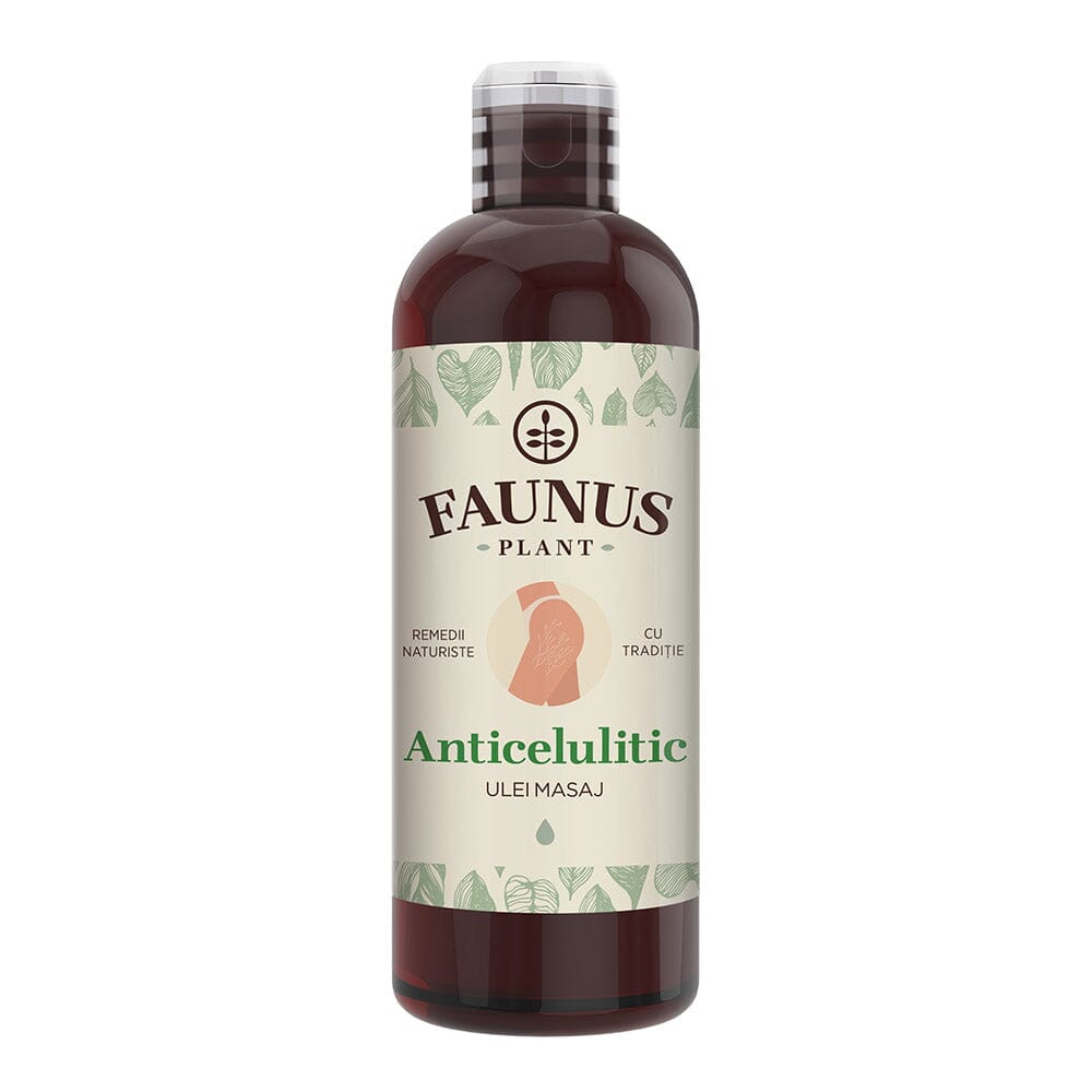 Flacon Ulei de Masaj Anticelulitic Faunus Plant, vedere frontală, într-un recipient de 100 ml, cu design în nuanțe verzi și logo Faunus Plant. Produs destinat îmbunătățirii aspectului pielii și combaterii celulitei.
