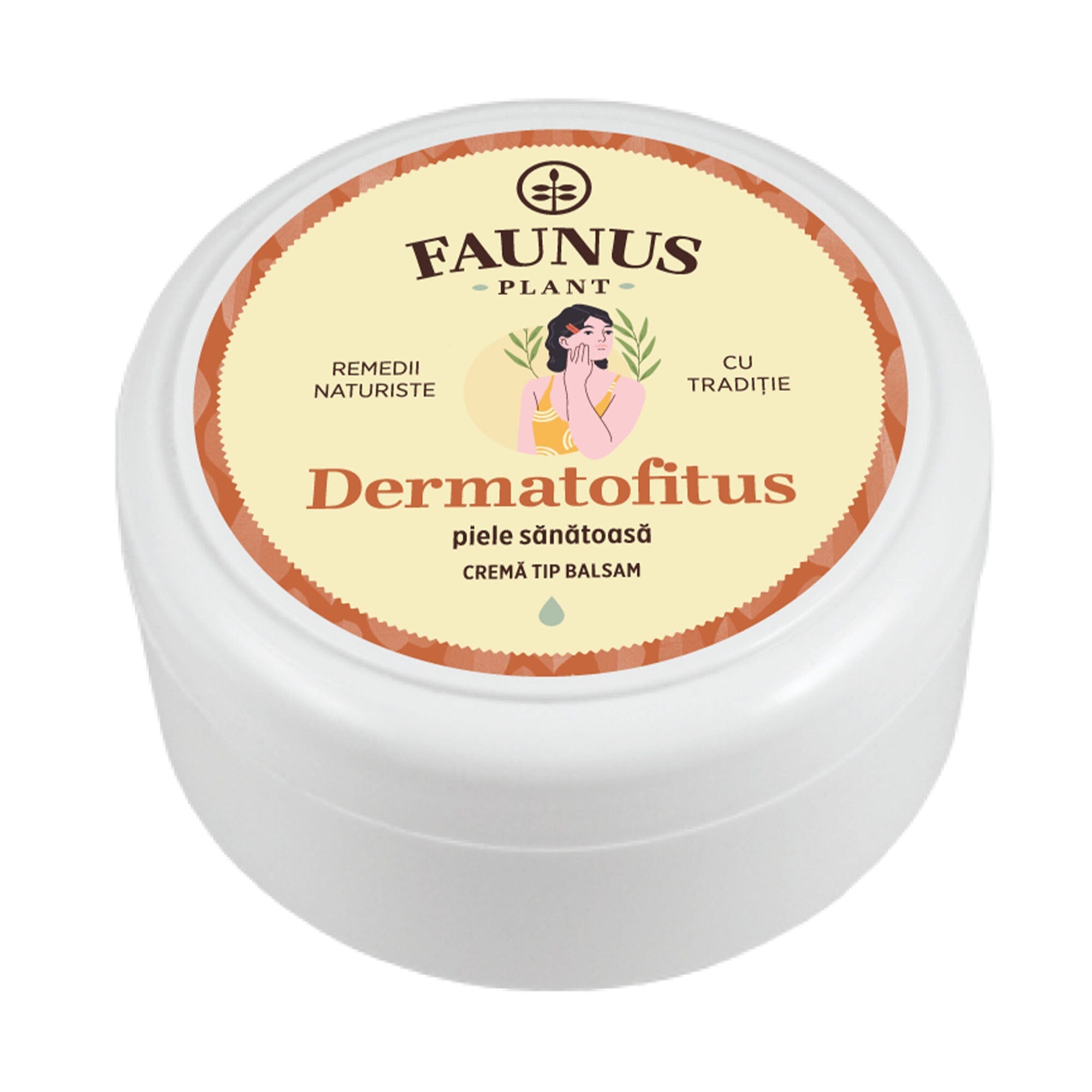 Cutie rotundă de Cremă tip balsam Dermatofitus 100ml de la Faunus Plant, vedere frontală, cu design portocaliu și ilustrație a unei femei, destinat sănătății pielii. Cremă tip balsam. Pe etichetă se menționează 'Remedii Naturiste, Cu Tradiție' și denumirea produsului.