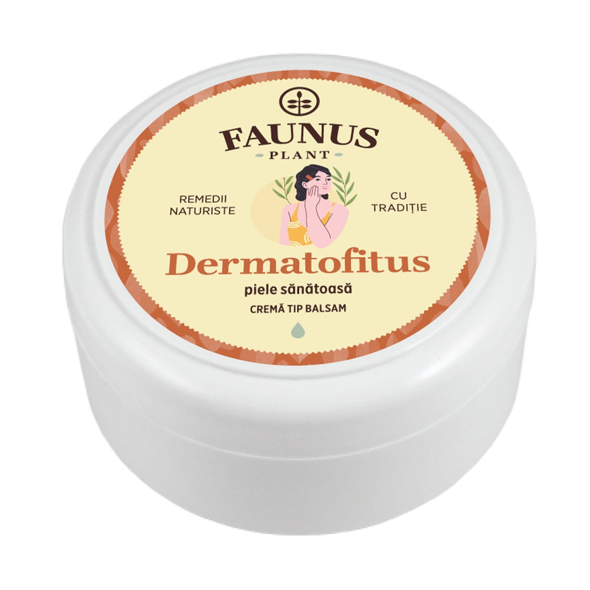 Cutie rotundă de Cremă tip balsam Dermatofitus 100ml de la Faunus Plant, vedere frontală, cu design portocaliu și ilustrație a unei femei, destinat sănătății pielii. Cremă tip balsam. Pe etichetă se menționează 'Remedii Naturiste, Cu Tradiție' și denumirea produsului.