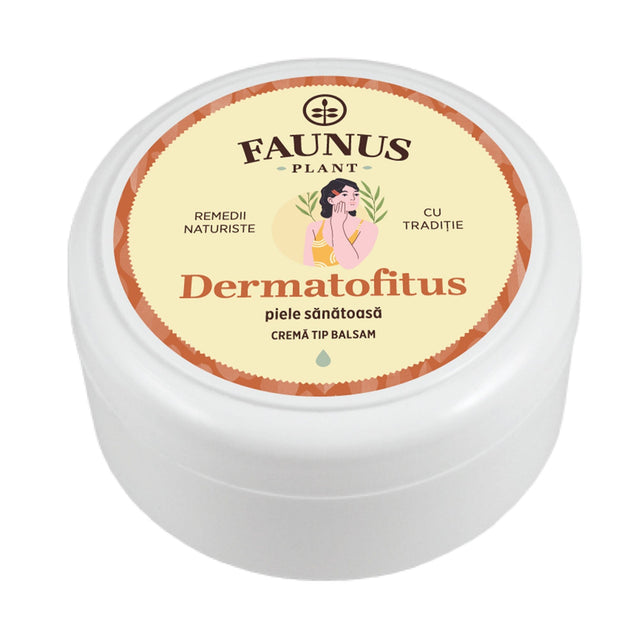 Cutie rotundă de Cremă tip balsam Dermatofitus 100ml de la Faunus Plant, vedere frontală, cu design portocaliu și ilustrație a unei femei, destinat sănătății pielii. Cremă tip balsam. Pe etichetă se menționează 'Remedii Naturiste, Cu Tradiție' și denumirea produsului.