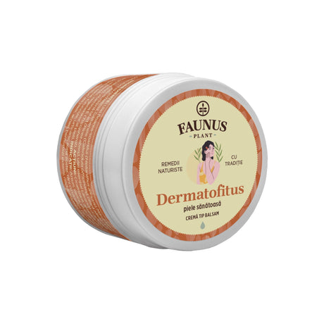 Cutie rotundă de Cremă tip balsam Dermatofitus 50ml de la Faunus Plant, vedere laterală, eticheta fiind inscripționată cu „Remedii Naturiste” și „Cu Tradiție”. Produs destinat menținerii sănătății pielii. Cremă tip balsam.