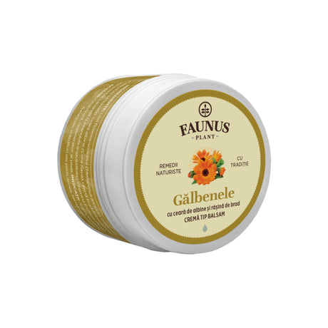 Unguent Gălbenele 50 ml Faunus Plant, vedere frontală, cu design galben și imagine cu flori de gălbenele, destinat îngrijirii pielii. Cu ceară de albine și rășină de brad. Cremă tip balsam. Inscripționată cu „Remedii Naturiste” și „Cu Tradiție”. Capacitate: 50 ml.