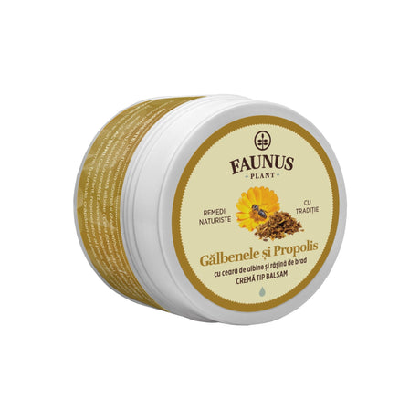 Cutie de unguent Gălbenele și Propolis, 50ml, deschisă, cu textură galben-miere vizibilă. Cu ceară de albine și rășină de brad. Cremă tip balsam. Ambalajul include logo-ul Faunus Plant și inscripția „Remedii Naturiste”.