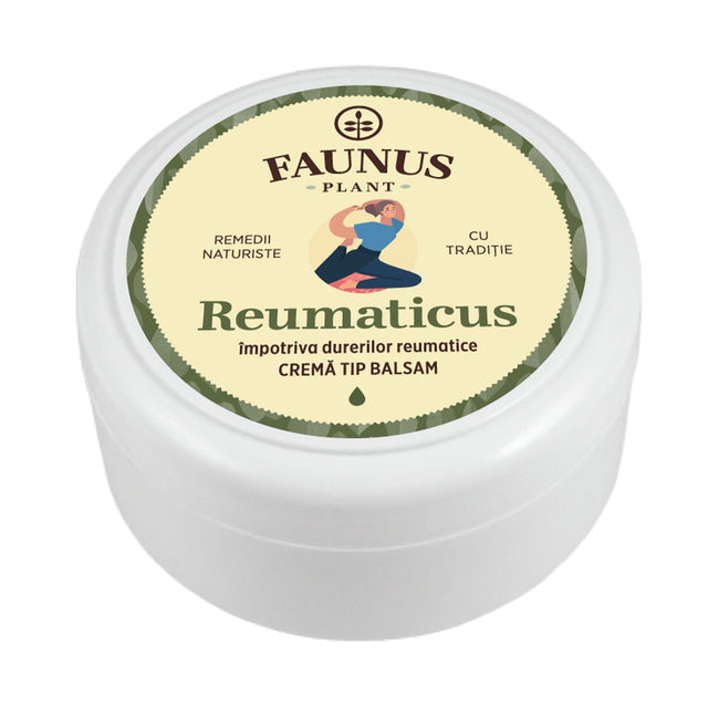 Imagine cu Crema tip balsam Reumaticus de 100ml, care are o culoare albă, cu eticheta frontală vizibilă, având logo, denumire și un element grafic reprezentativ care arată o persoană flexibilă.