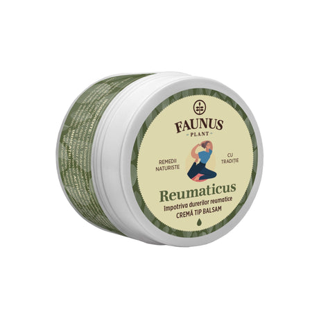 Imagine cu Unguentul Reumaticus de 50 ml, care are o culoare verde de brad și puțin alb, cu eticheta frontală vizibilă, având logo, denumire și un element grafic reprezentativ care arată o persoană flexibilă. Cremă tip balsam.
