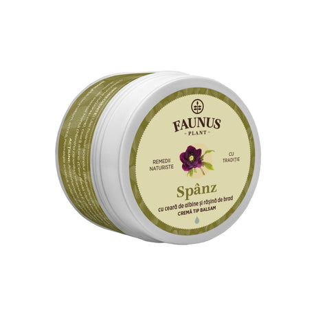 Imagine cu Unguentul Spânz de 50 ml, care are o culoare verzuie și puțin alb, cu eticheta frontală vizibilă, având logo, denumire și un element grafic reprezentativ cu planta spânz. Cu ceară de albine și rășină de brad. Cremă tip balsam.