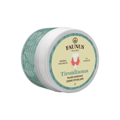 Imagine cu Crema tip balsam Tiroidianus de 50 ml, care are o culoare bleumarin deschis și puțin alb, cu eticheta frontală vizibilă, având logo, denumire și un element grafic reprezentativ cu glanda tiroidă