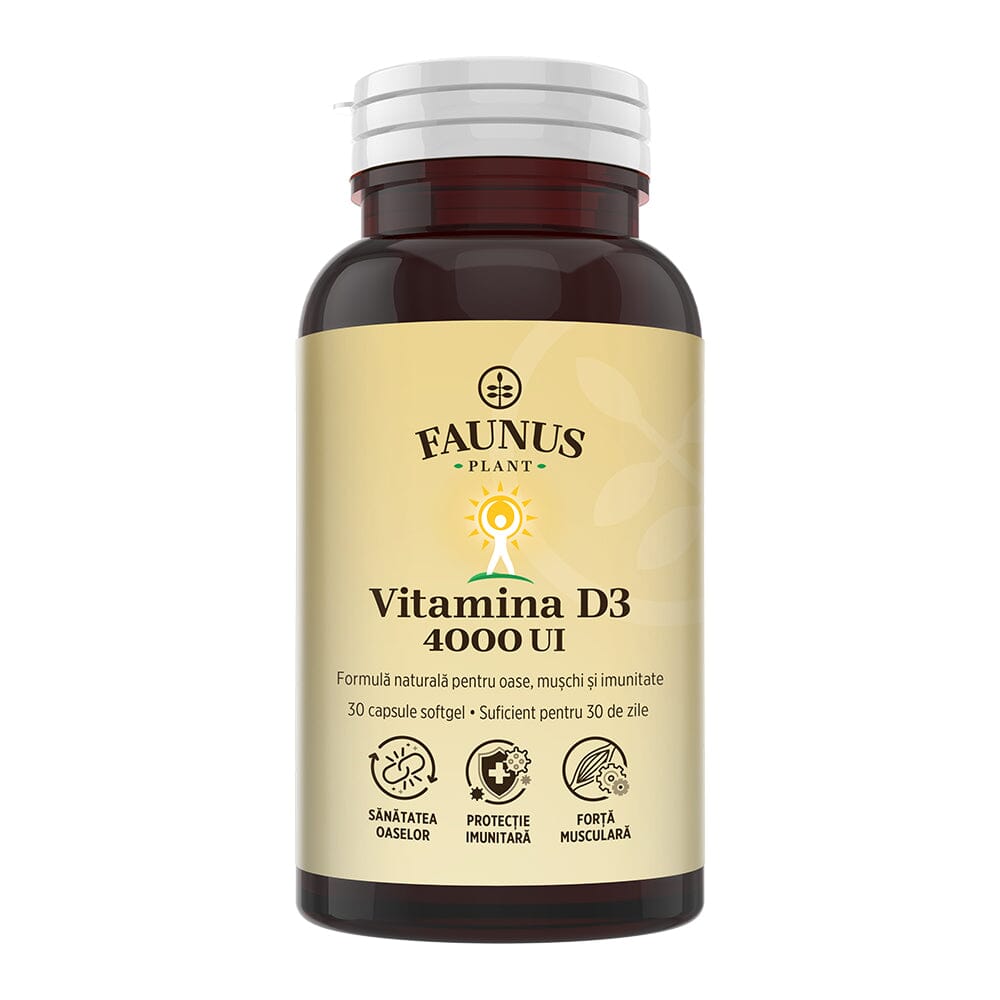 Flacon capsule Vitamina D3 4000 UI de la Faunus Plant, cu etichetă vizibilă, cu logo și informații despre formulă și beneficii principale.