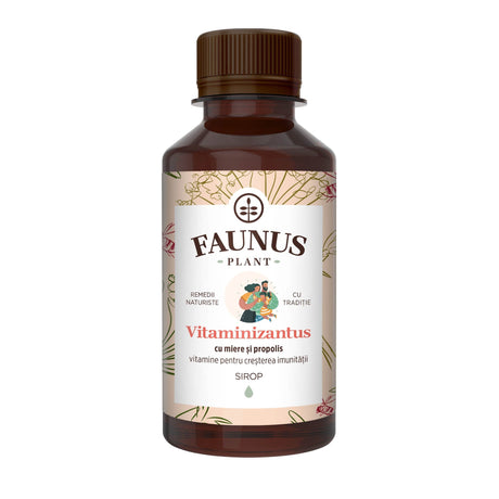 Sirop Vitaminizantus cu Miere și Propolis de la Faunus Plant, flacon de 200 ml, vedere frontală, destinat întăririi imunității copiilor. Eticheta include ilustrații cu plante și descrierea detaliată a produsului.