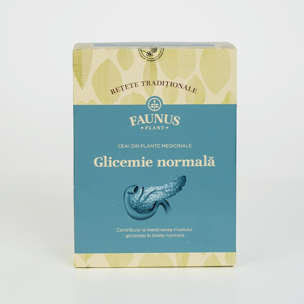 Cutie de Ceai Gastric de la Faunus Plant, vedere frontală, destinat susținerii sănătății tractului gastrointestinal, cu inscripția „Retete tradiționale”.