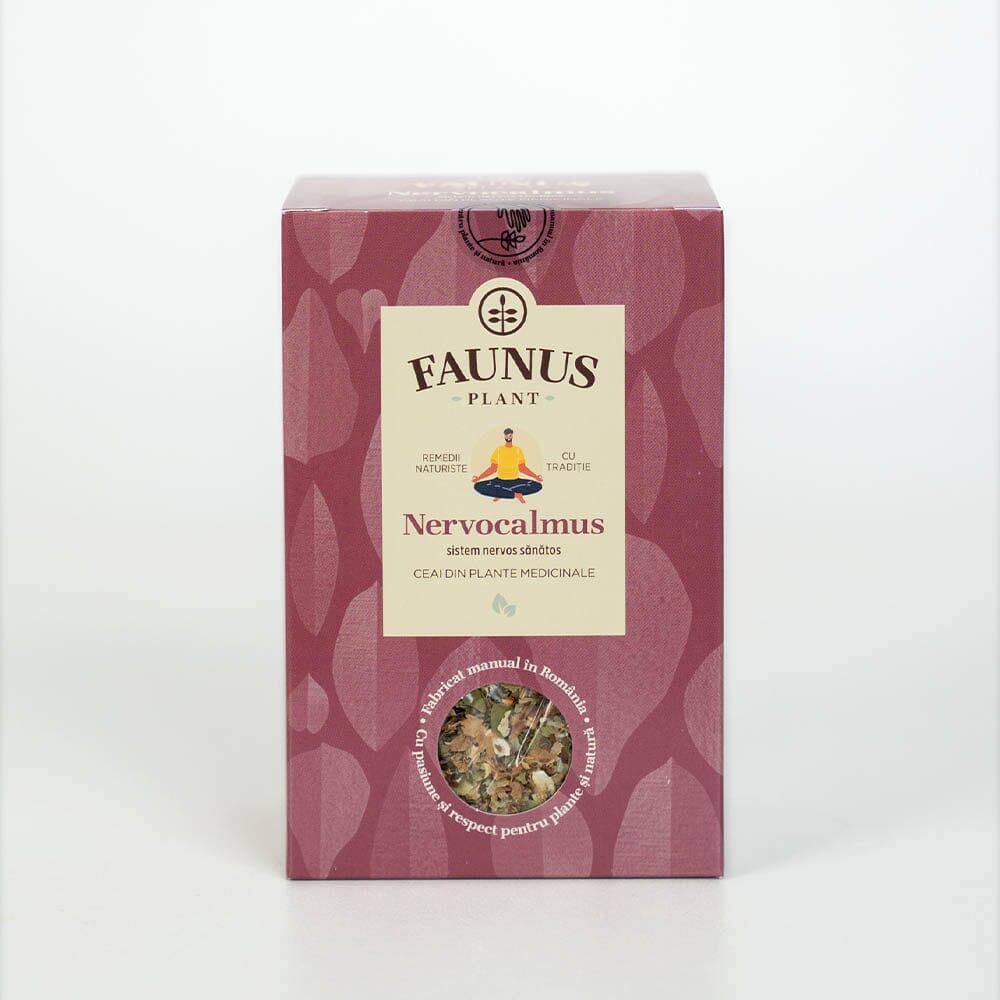 Ceai Nervocalmus 90g de la Faunus Plant Pozat Din Față: Cutie de Ceai Nervocalmus de la Faunus Plant, vedere frontală, ilustrând designul ambalajului și ingredientele naturale pentru suportul sistemului nervos.