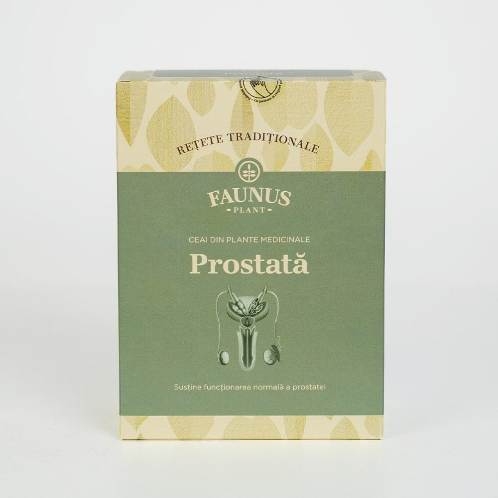 Ceaiul Prostată 180g de la Faunus Plant fotografiat din față, cu detalii clare ale designului ambalajului și mesajul principal „Susține funcționarea normală a prostatei”.