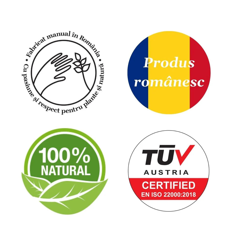 Imagine cu patru simboluri de calitate asociate produselor
 Faunus Plant: ""Fabricat manual în România"", 
""Produs românesc"" cu drapelul României, 
""100% Natural"" cu o frunză verde, și 
certificarea ""TÜV Austria EN ISO 22000:2018"", 
care denotă angajamentul față de produse naturale, 
fabricate local și respectarea standardelor internaționale de calitate.