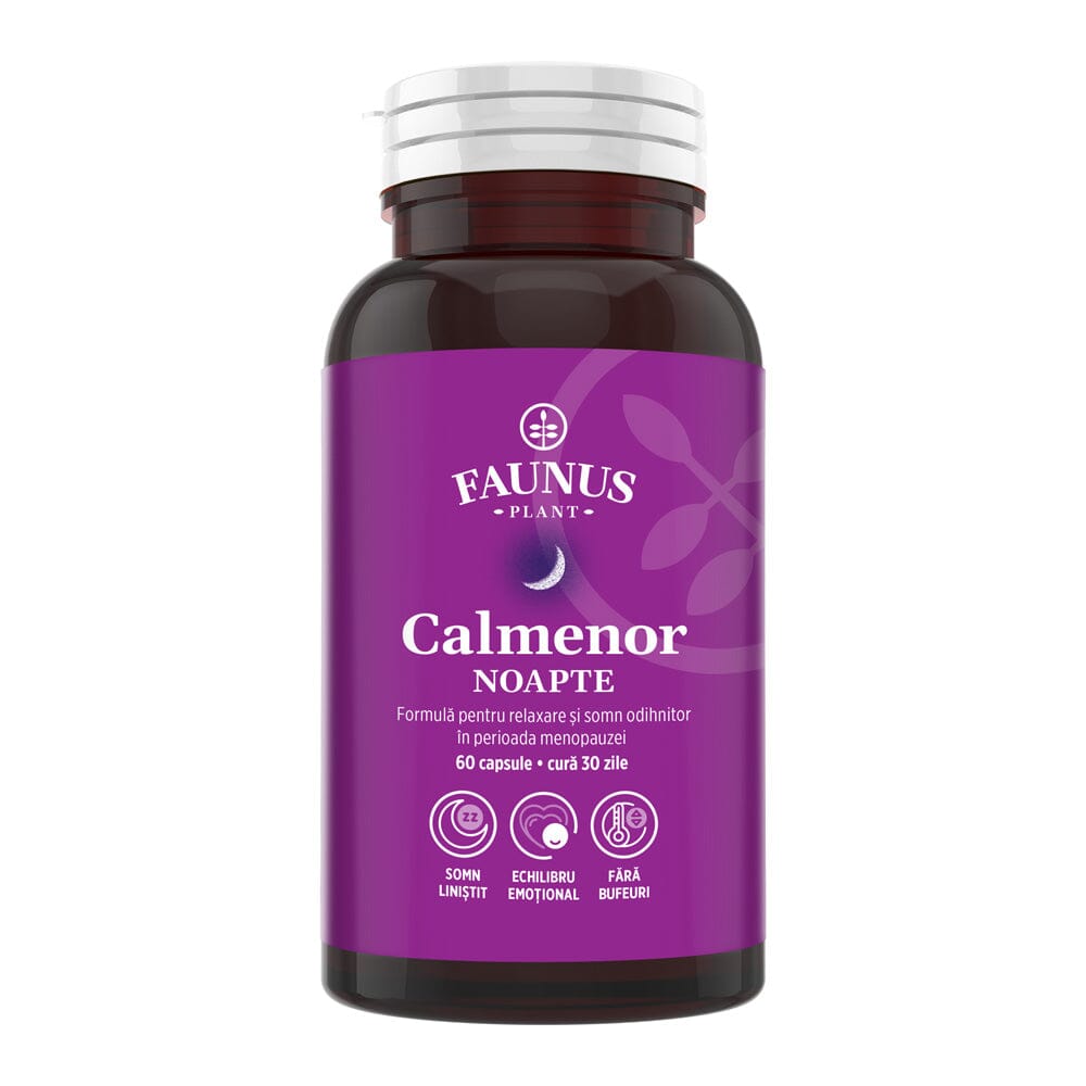 Flacon capsule Calmenor Noapte de la Faunus Plant, cu etichetă vizibilă, cu logo și informații despre formulă și beneficii principale.