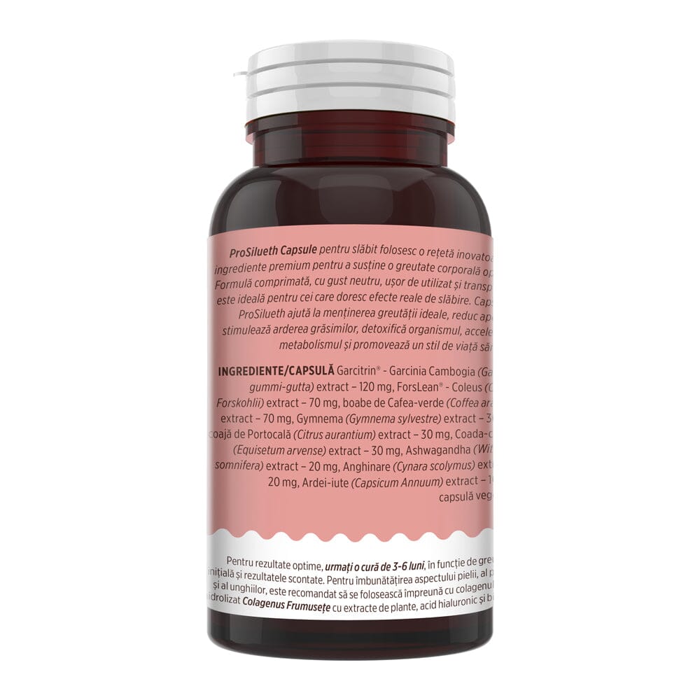 Vedere laterală stânga a flaconului ProSilueth Capsule, afișând ingredientele, cantitățile și beneficiile acestora