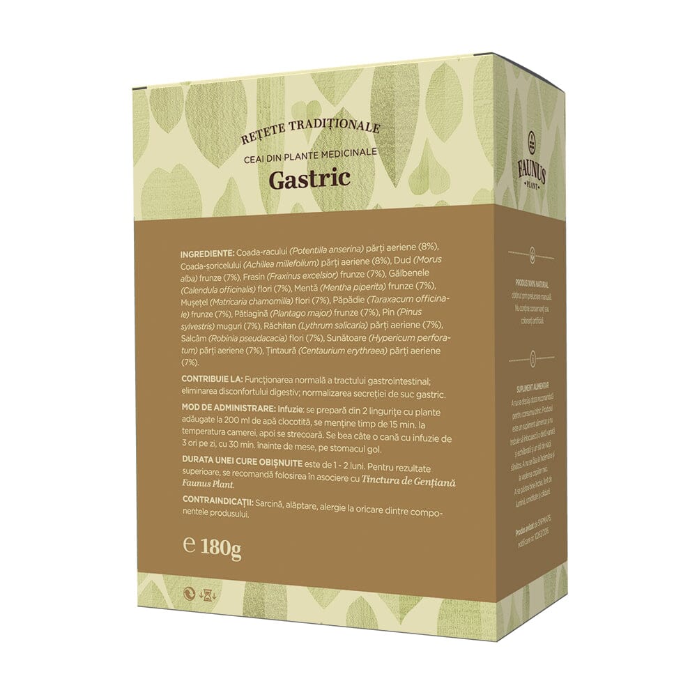 Cutie de Ceai Gastric Faunus Plant, vedere din spate, prezentând lista completă a ingredientelor, modul de administrare și informații despre producător. Include detalii despre produs 100% natural.