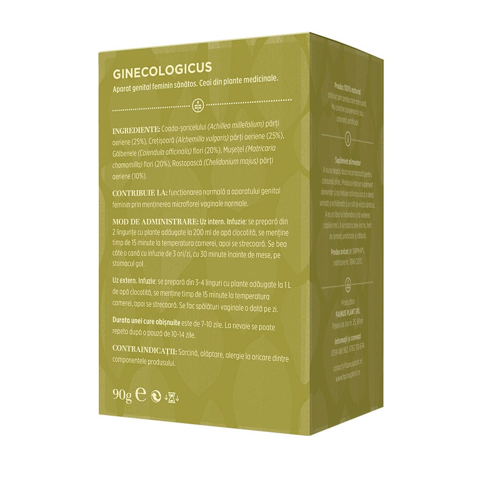 Cutie de Ceai Ginecologicus 90g de la Faunus Plant, vedere spate, afișând lista ingredientelor și modul de administrare. Ceai destinat susținerii sănătății aparatului genital feminin și menținerii microflorei vaginale normale. Ingrediente: Coada-șoricelului (Achillea millefolium) părți aeriene (25%), Crețișoară (Alchemilla vulgaris) părți aeriene (25%), Gălbenele (Calendula officinalis) flori (20%), Mușețel (Matricaria chamomilla) flori (20%), Rostopască (Chelidonium majus) părți aeriene (10%).