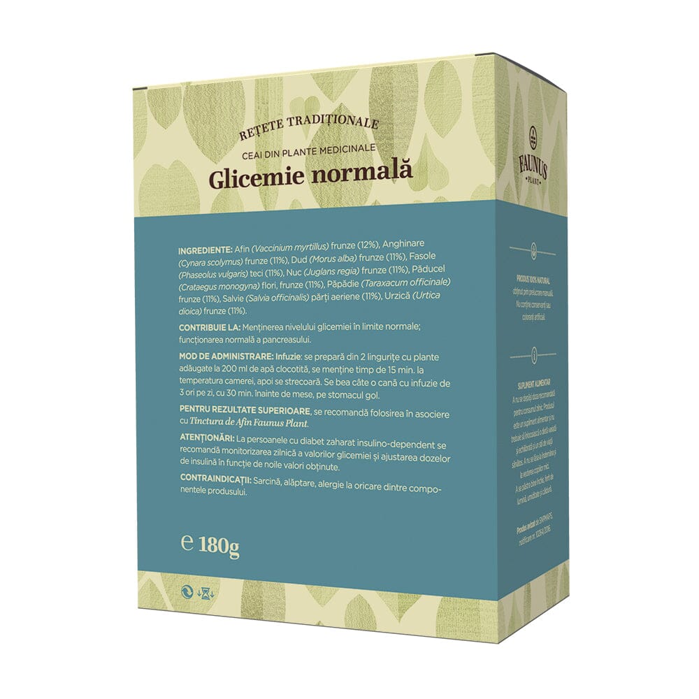 Ambalajul din spate al Ceaiului Glicemie Normală 180g de la Faunus Plant, cu lista ingredientelor (procentaje): Afin (12%), Anghinare (11%), Dud (11%), Fasole (11%), Nuc (11%), Păducel (11%), Păpădie (11%), Salvie (11%), Urzică (11%).