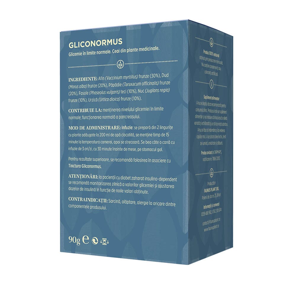 Cutie de Ceai Gliconormus 90g de la Faunus Plant, vedere spate, afișând lista ingredientelor și modul de administrare, destinat pentru menținerea nivelului glicemiei. Ingrediente: frunze de Afin (30%), Dud (20%), frunze de Păpădie (20%), teci de Fasole (10%), frunze de Nuc (10%), Urzică (10%).