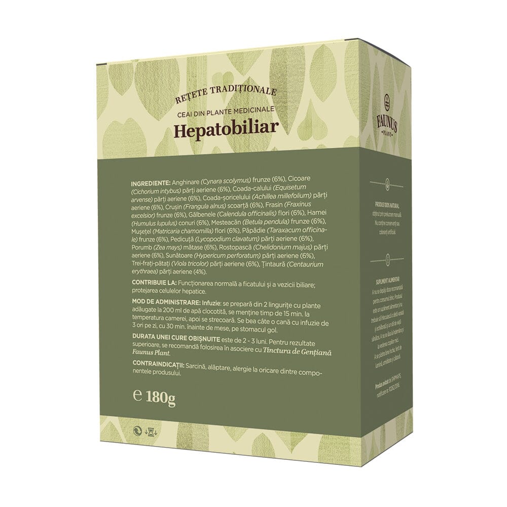 Cutie de Ceai Hepatobiliar de la Faunus Plant, vedere din spate, cu text despre ingeriente, modul de administrare, precauții și contraindicații.