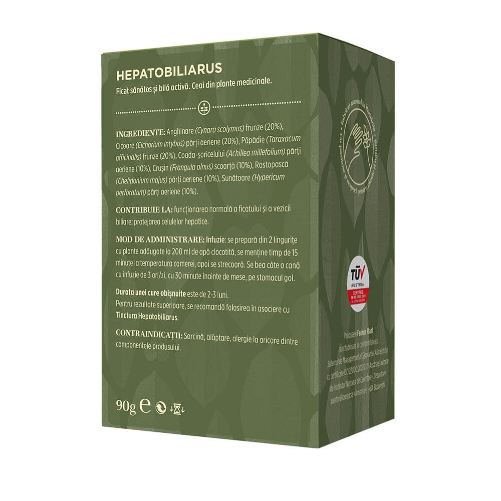 Cutie de Ceai Hepatobiliarus de la Faunus Plant, vedere spate. Listă de ingrediente: frunze de anghinare (20%), cicoare (20%), păpădie (20%), coada-șoricelului (10%), scoarță de crușin (10%), rostopască (10%), sunătoare (10%). Informații privind administrarea și avertizările produsului.