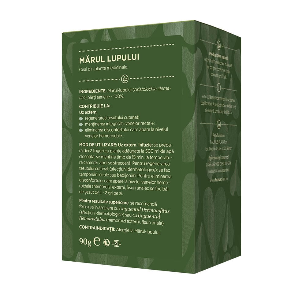 Cutie de Ceai "Mărul Lupului" de la Faunus Plant, vedere din spate. Conține informații despre ingrediente, mod de utilizare și contraindicații. Ingredient unic: Mărul-lupului (Aristolochia clematitis) - 100%. Recomandări pentru utilizare externă.
