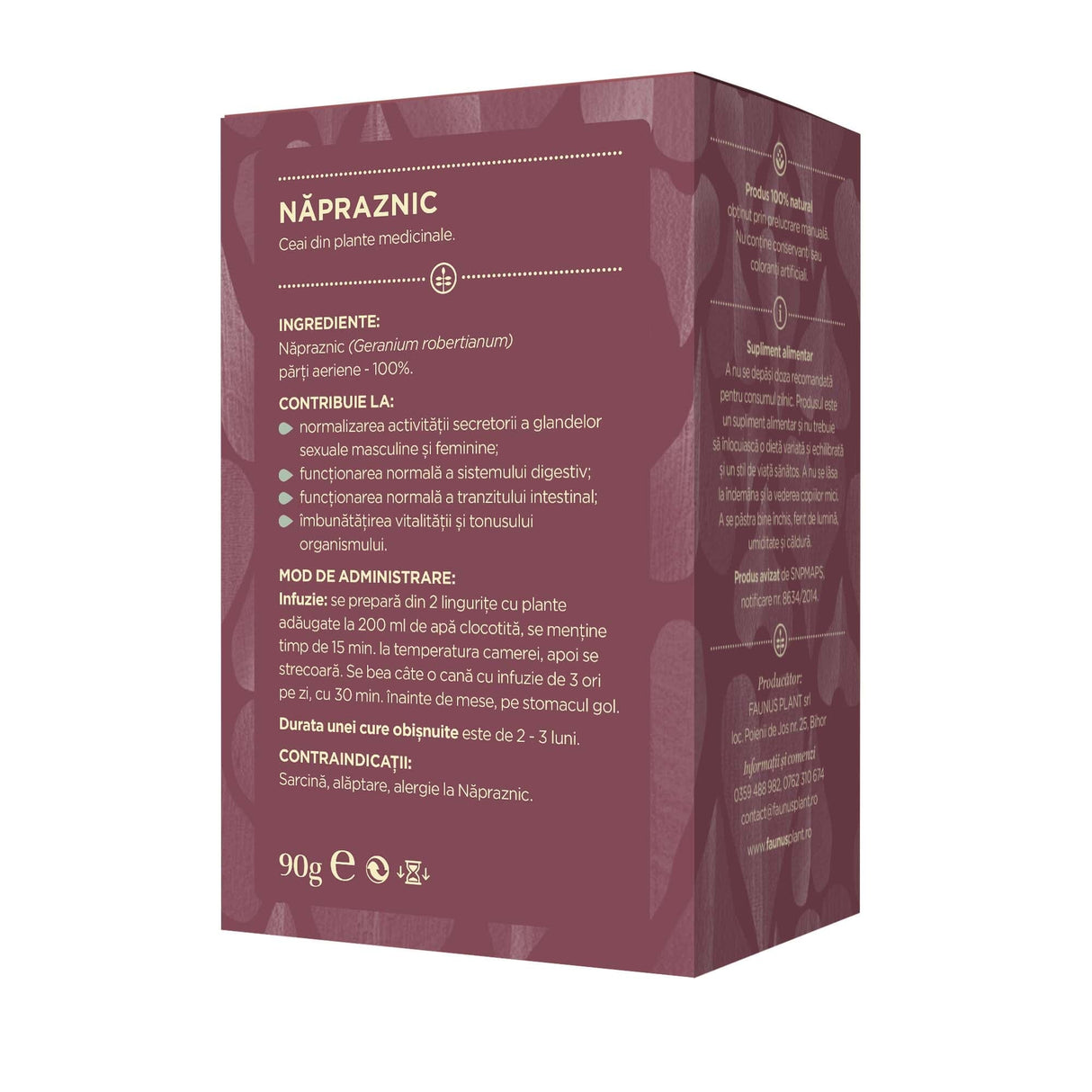 Cutie de Ceai Năpraznic de la Faunus Plant, vedere din spate. Prezintă ingredientele și informații despre beneficii, mod de administrare și contraindicații. Ingredient principal: Năpraznic (Geranium robertianum) părți aeriene - 100%.