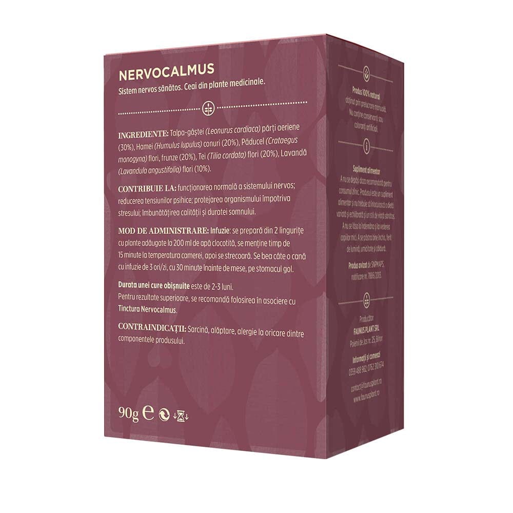 Cutie de Ceai Nervocalmus de la Faunus Plant, vedere din spate. Informații despre ingrediente: Talpa-gâștei, Hamei, Păducel, Flori de Tei, Lavandă. Text suplimentar despre administrare și contraindicații.