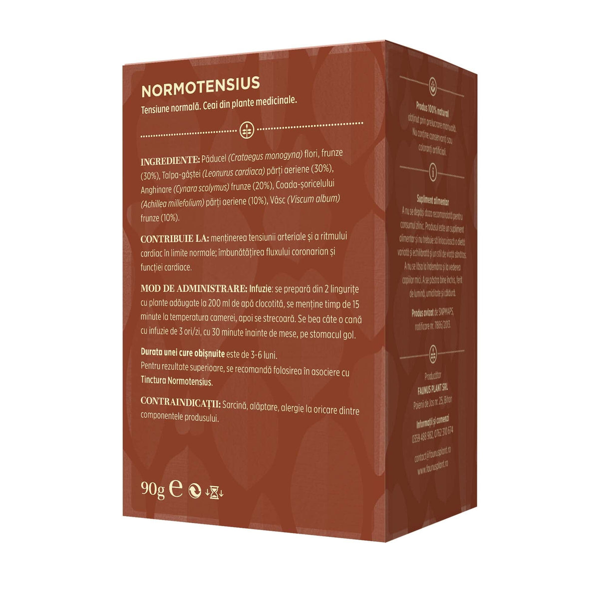 Cutie de Ceai Normotensius de la Faunus Plant, vedere din spate. Sunt detaliate ingredientele (Păducel – 30%, Talpa-gâștei – 30%, Anghinare – 20%, Coada-șoricelului – 10%, Vâsc – 10%), modul de administrare și contraindicațiile. Acest ceai contribuie la menținerea tensiunii arteriale și a funcției cardiace.