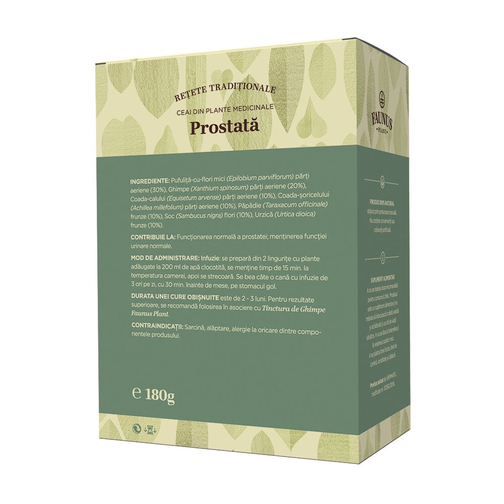 Spatele ambalajului Ceaiului Prostată 180g de la Faunus Plant, afișând lista ingredientelor detaliată: pufuliță-cu-flori-mici (30%), ghimpe (20%), coada-calului (10%), coada-șoricelului (10%), păpădie (10%), soc (10%) și urzică (10%), alături de instrucțiunile de utilizare și contraindicații.